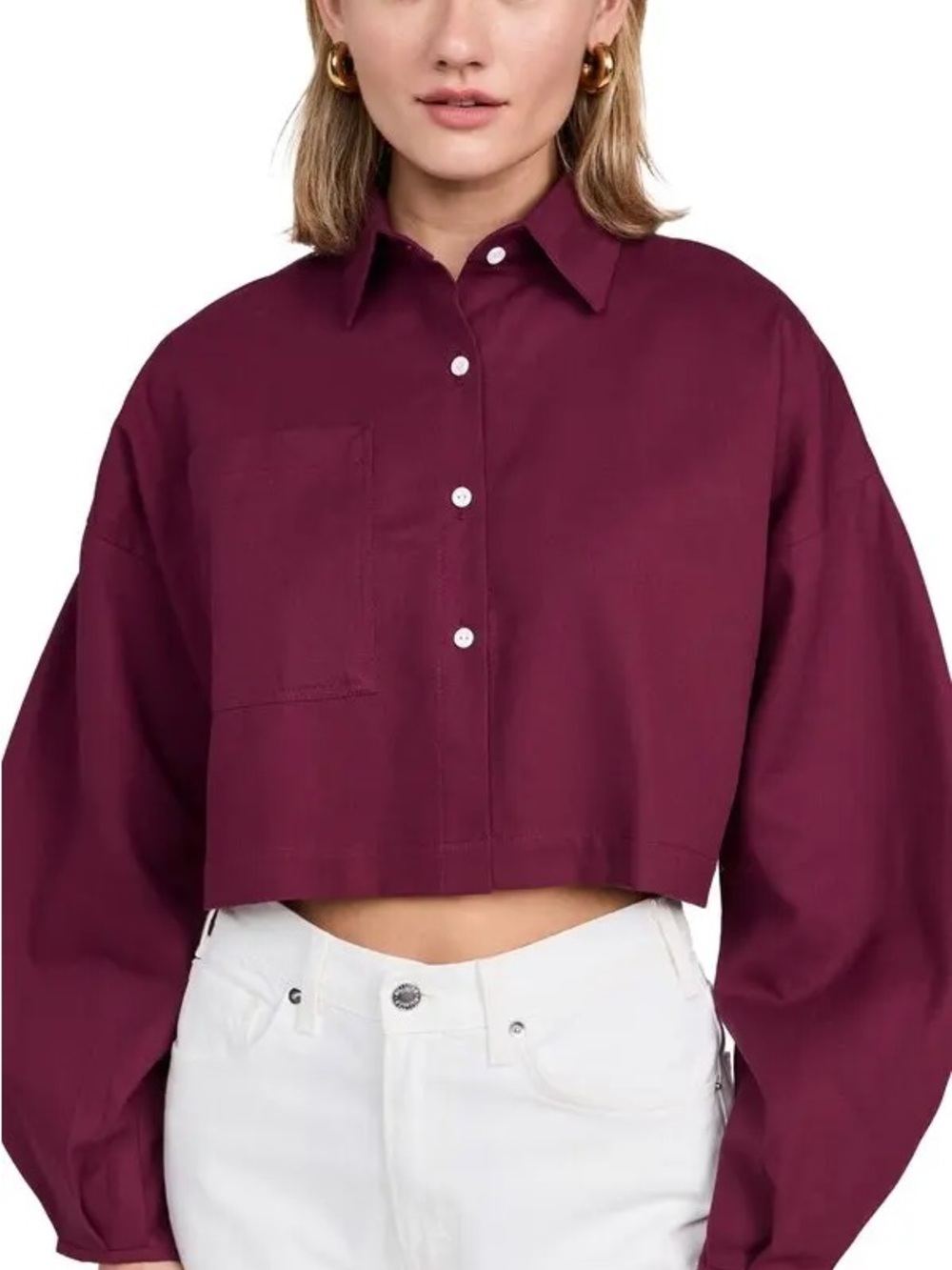 Selfi Cropped Button-Front Shirt in Burgundy